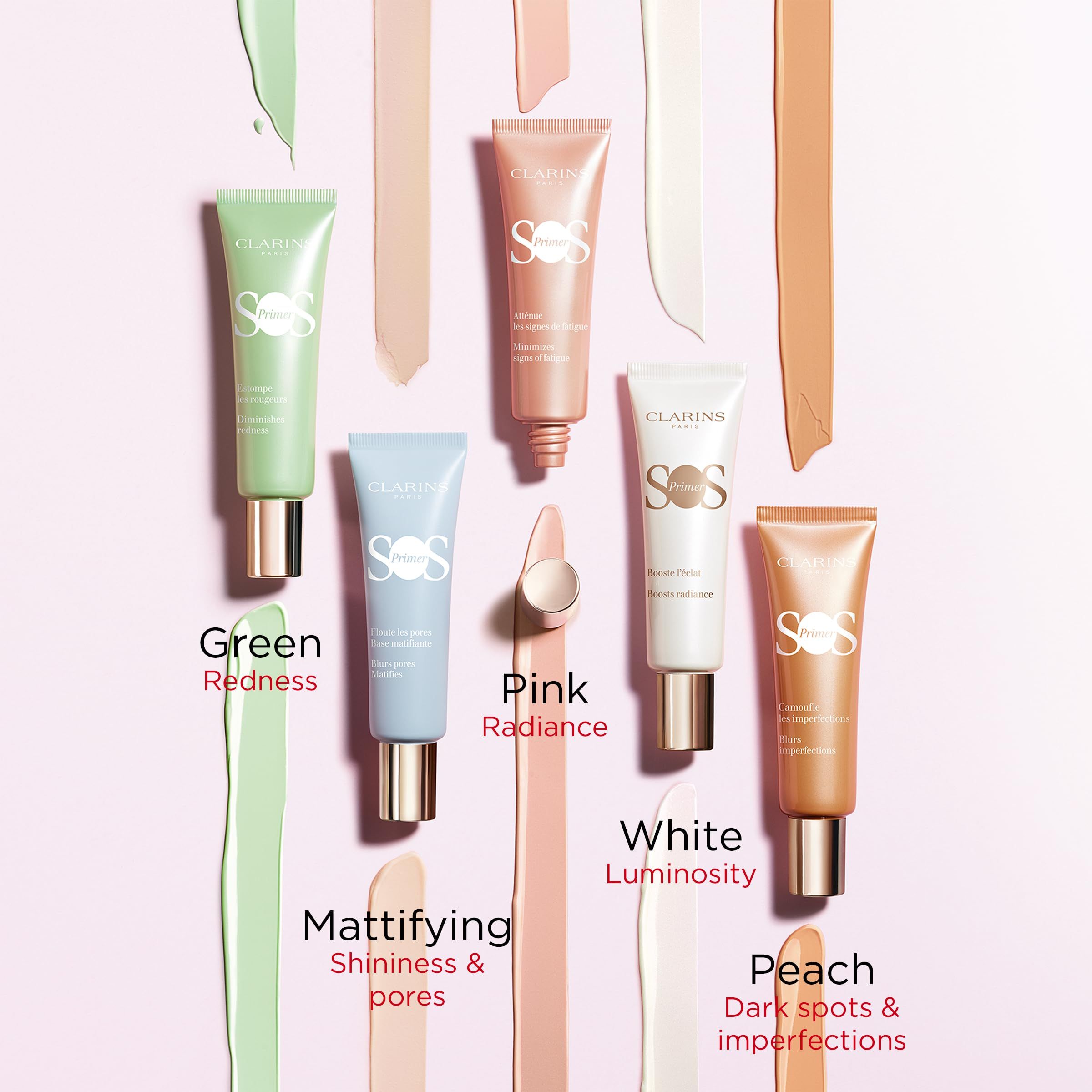 Fünf Primer-Tuben mit Farbstreifen. Text: Green, Pink, White, Peach, Mattifying.