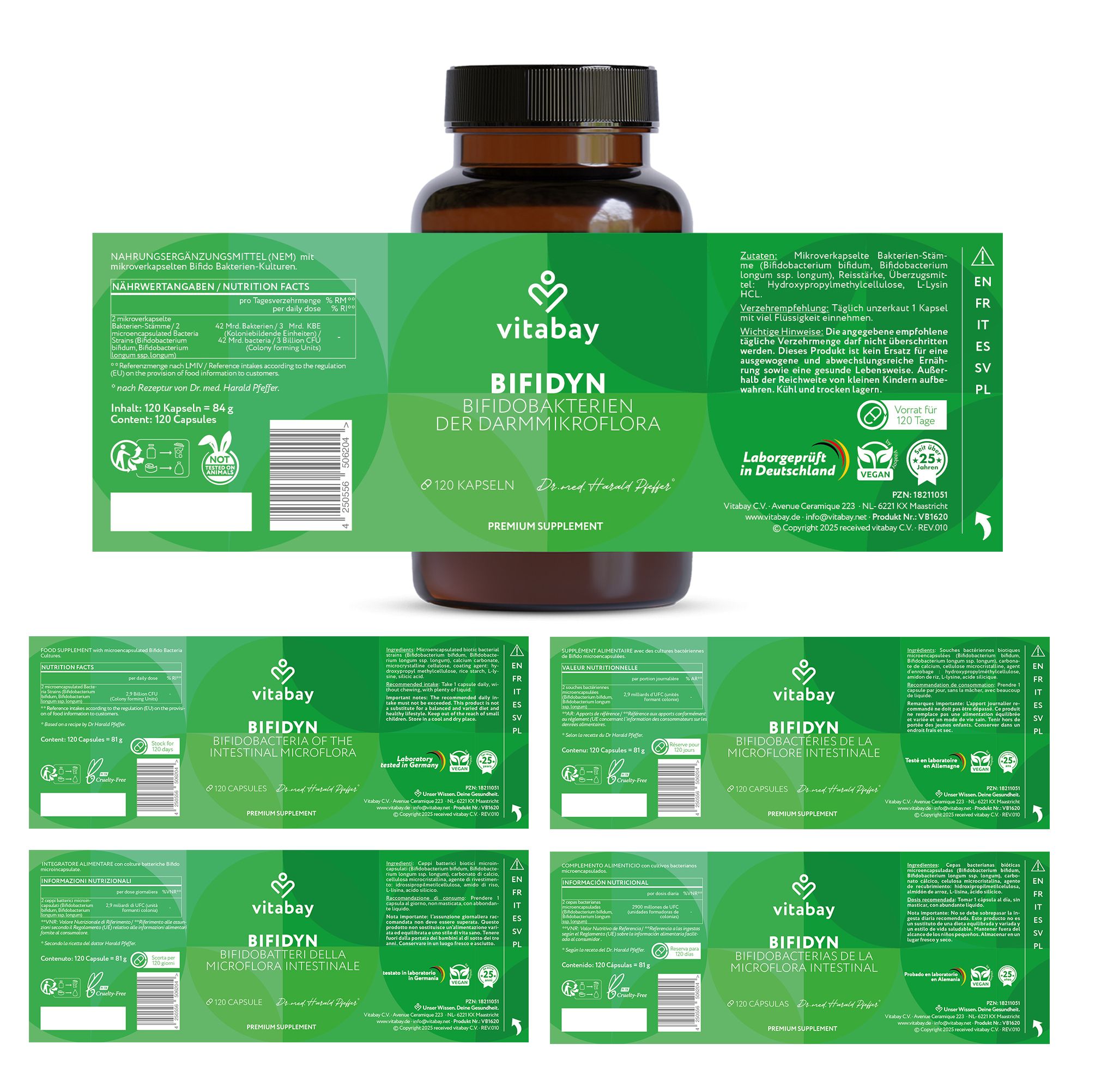 Braune Flasche mit grüner Beschriftung. Mehrere Etiketten mit Produktinformationen. Text: Bifidyn, 120 Kapseln. Vitabay Logo.