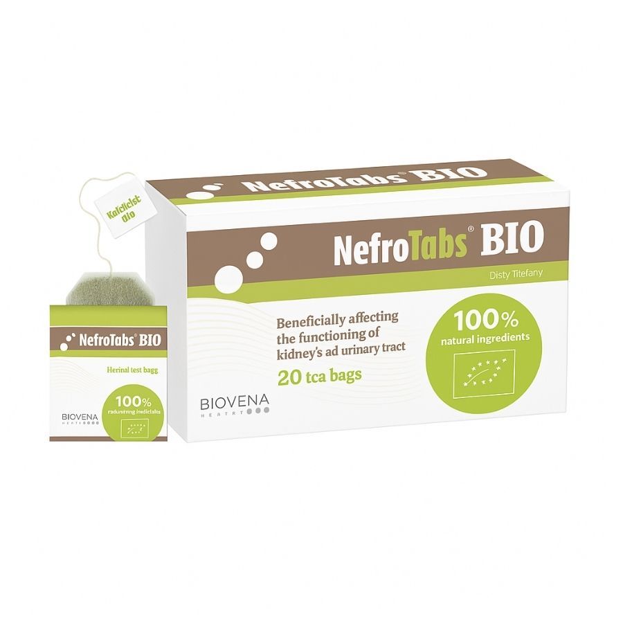 Kartonverpackung mit Kräuterteebeuteln. Aufschrift: NefroTabs BIO. 20 Teebeutel. 100% natürliche Inhaltsstoffe. Bio-Siegel.