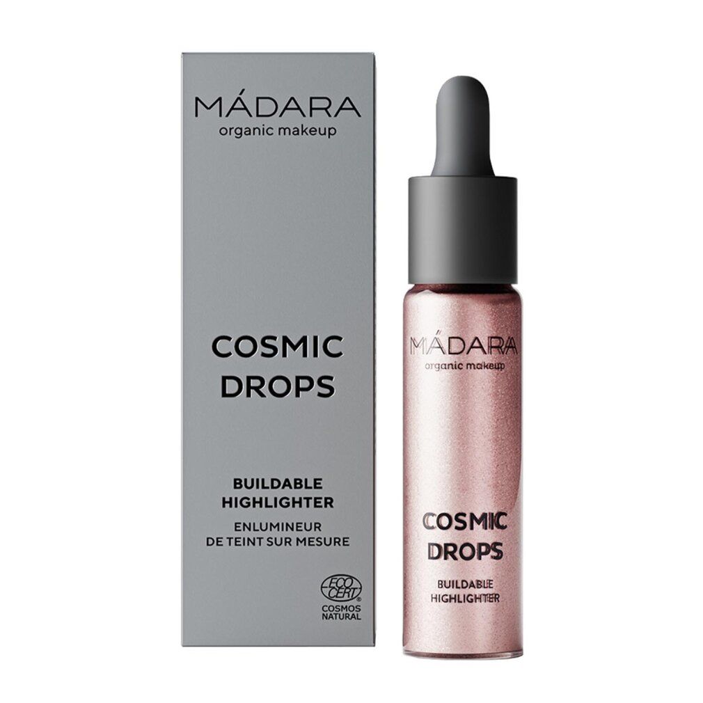 Kosmetisches Produkt mit Tropfapplikator und Verpackung. Text: Cosmic Drops, Buildable Highlighter, Madara.