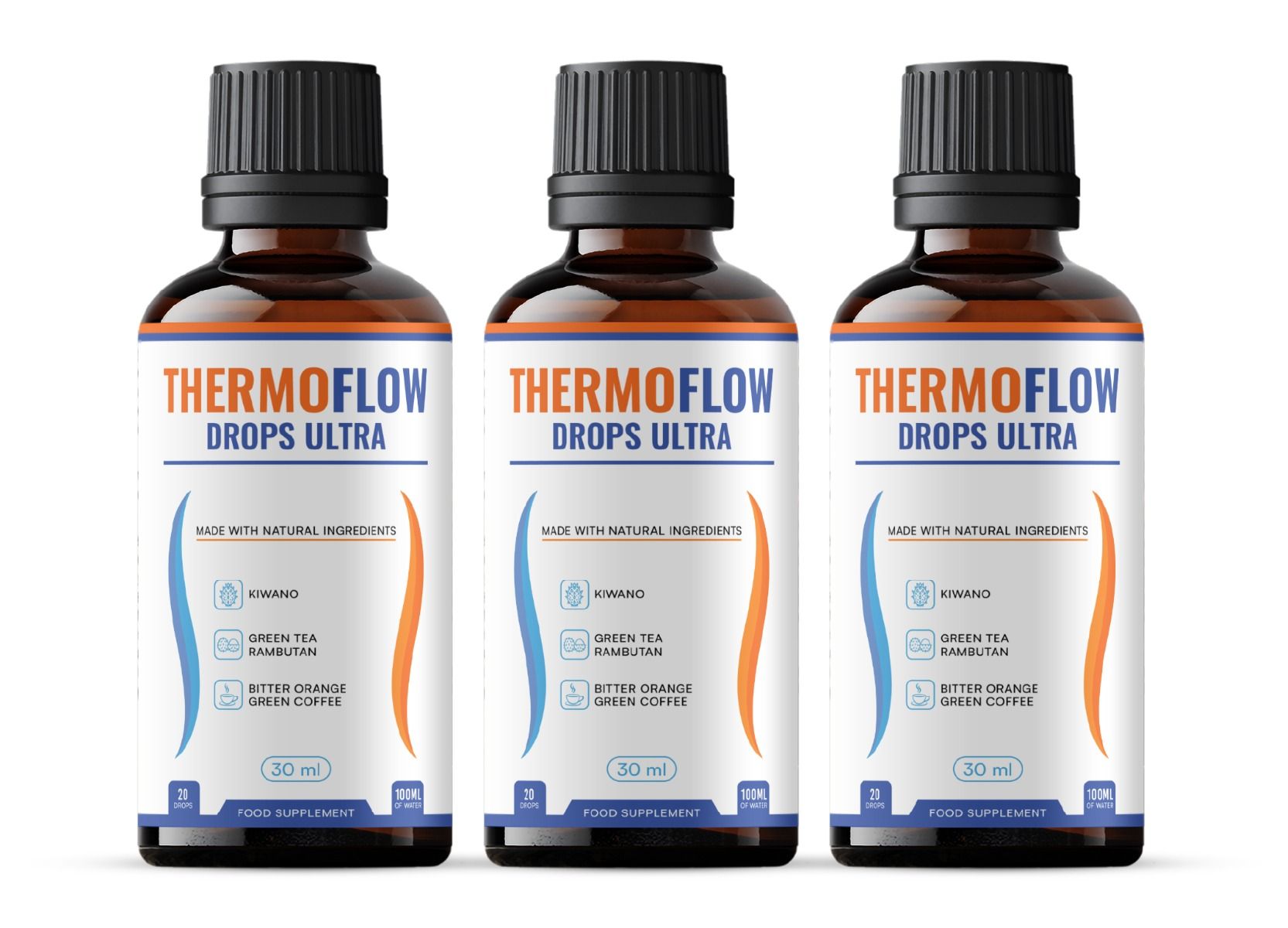 Drei braune Tropfflaschen mit schwarzem Deckel und weißem Etikett. "THERMOFLOW DROPS ULTRA" ist auf dem Etikett zu sehen.