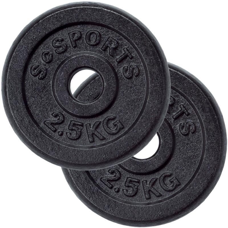 Zwei schwarze Hantelscheiben mit der Aufschrift "ScSPORTS" und "2.5KG".