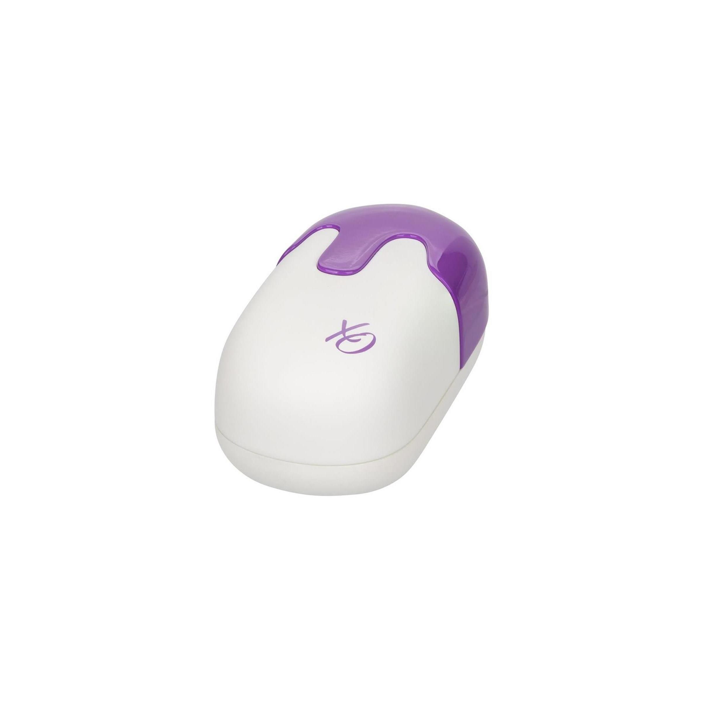 Weißes Produkt mit lila Akzenten. Abgerundete Form. Logo 'XO'. Auf weißem Hintergrund.