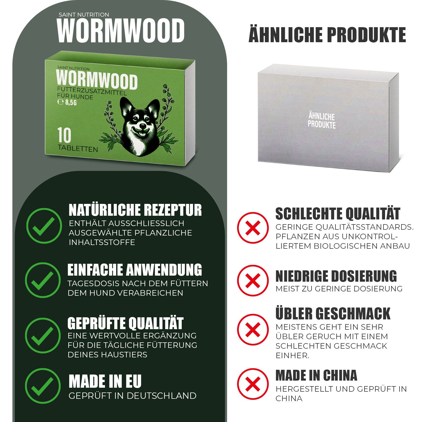 Produktvergleich: Grüne Schachtel "Wormwood" vs. ähnliche Produkte. Positiv: Natürliche Rezeptur, einfache Anwendung.