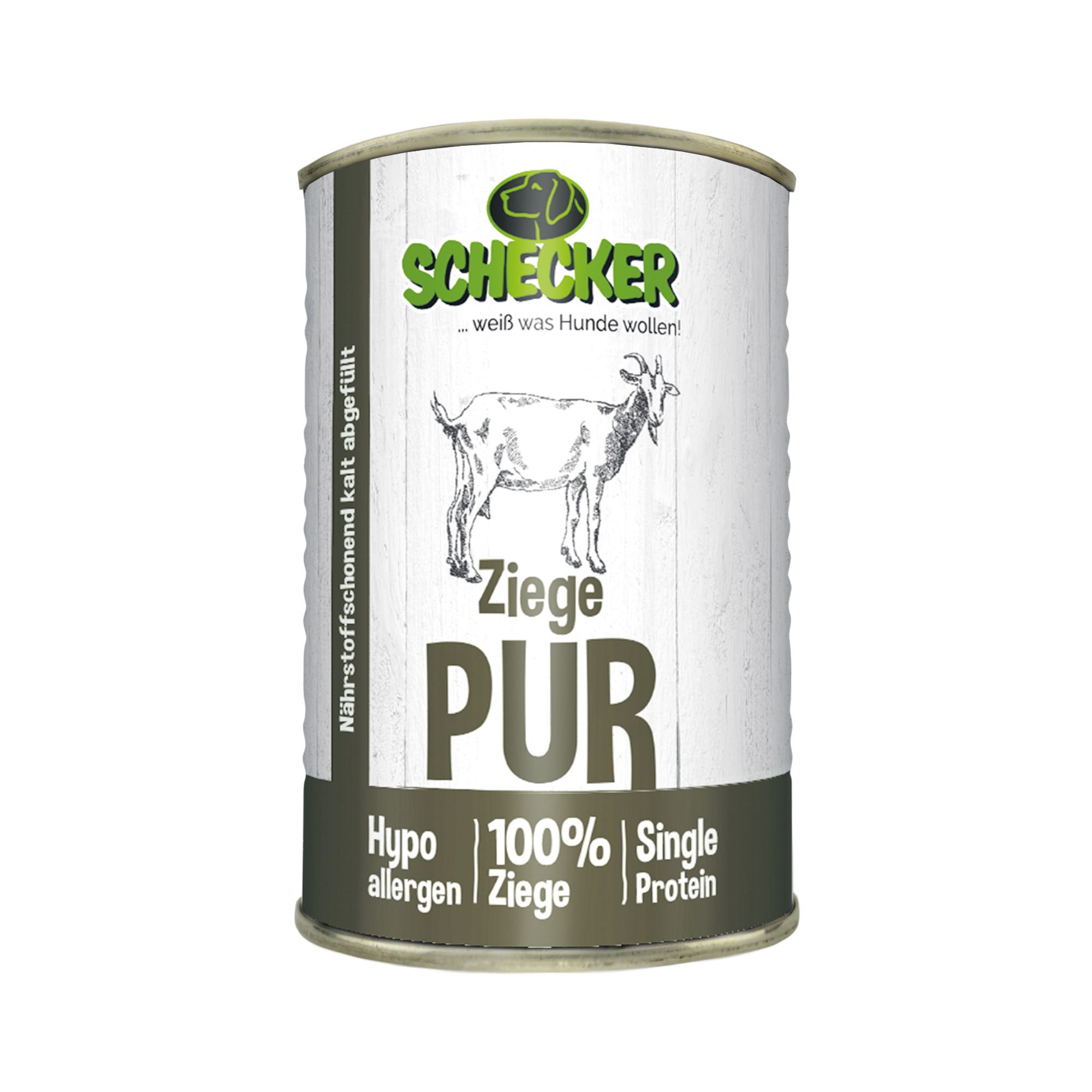 Nassfutterdose mit Etikett. Aufschrift: Ziege PUR, 100% Ziege, hypoallergen. Marke Schecker. Abbildung einer Ziege.