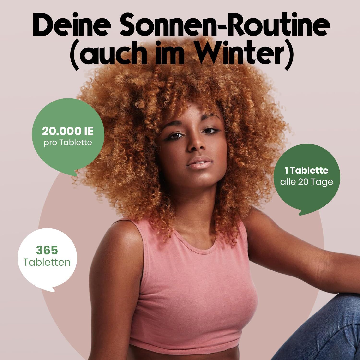 Frau mit Locken. Text: Deine Sonnen-Routine (auch im Winter). Kreise mit Text: 20.000 IE, 365 Tabletten, 1 Tablette alle 20 Tage.