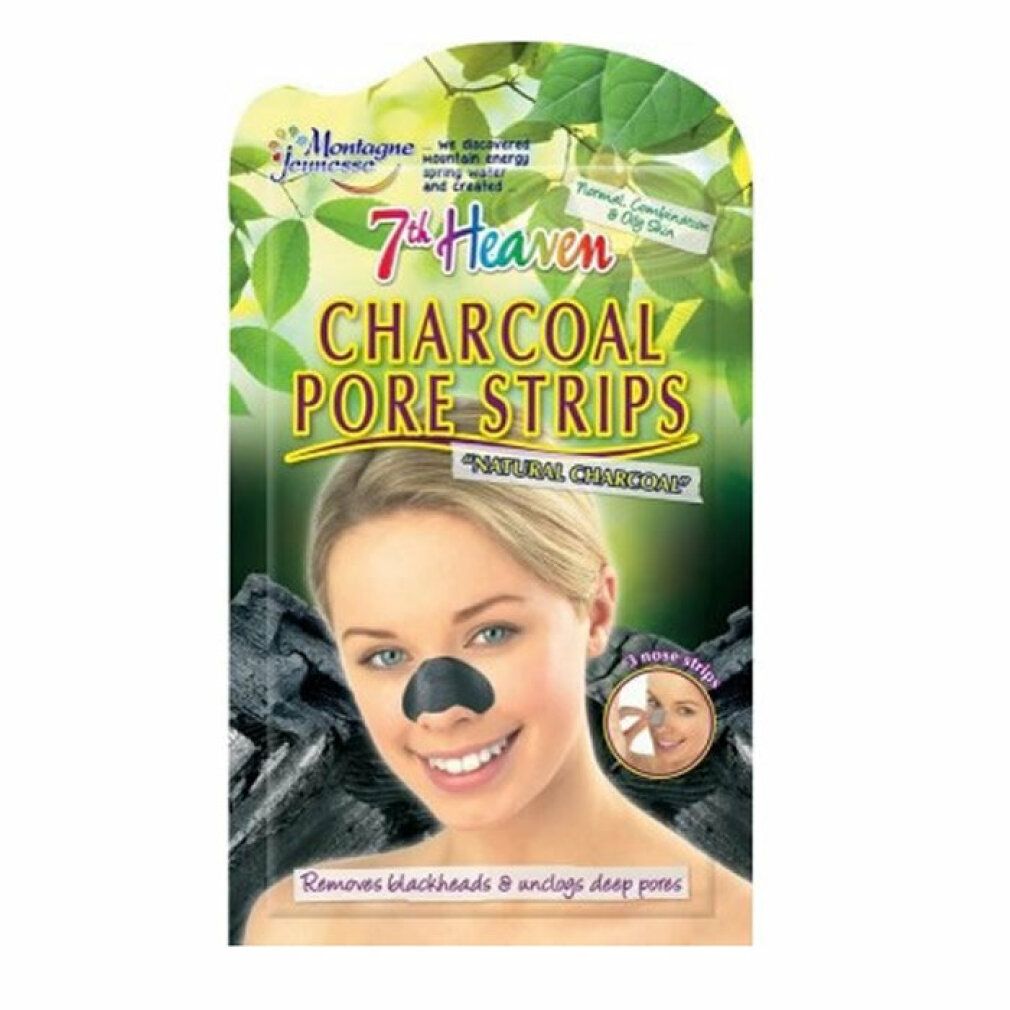 7th Heaven Charcoal Pore Strips Packung mit 3 Nasenstreifen, zeigt eine Frau mit einem aufgetragenen Nasenstreifen.