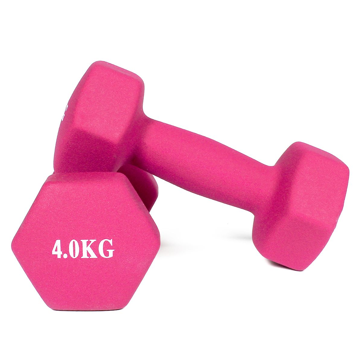 Zwei pinkfarbene Kurzhanteln mit Neoprenüberzug. Auf einer Hantel steht '4.0KG'. Sechseckige Form.