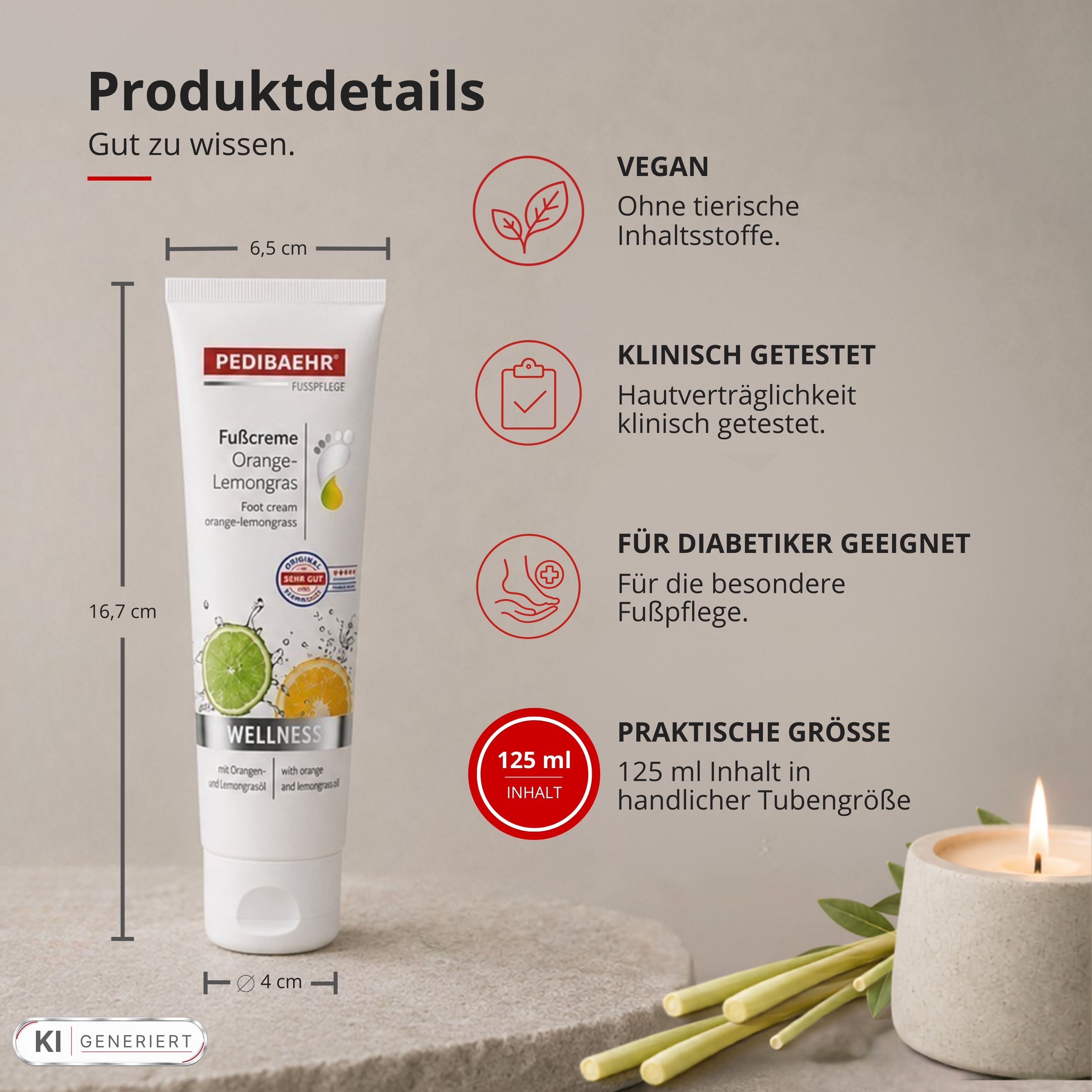 Pedibaehr Fußcreme Orange-Lemongras: 125 ml Tube. Maße 16,7 cm Höhe, 6,5 cm Breite. Vegan, klinisch getestet, für Diabetiker.