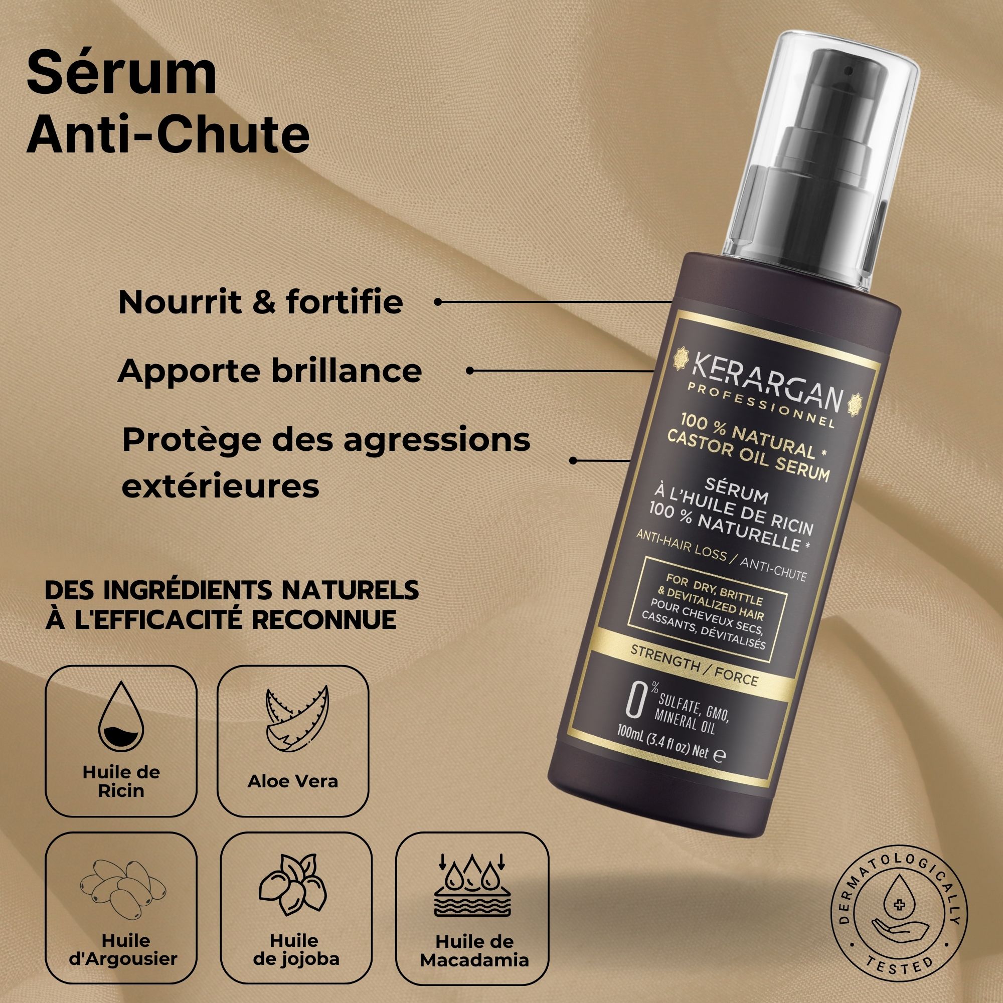 Flacon de sérum Kerargan. Flacon noir avec étiquette marron. Texte : 100% Natural Castor Oil Serum, Anti-Chute.