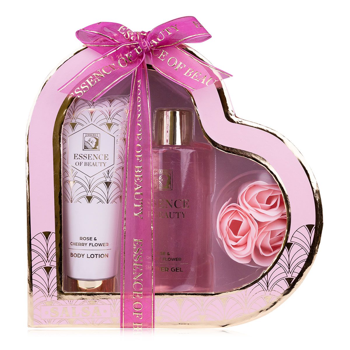 Geschenkset in Herzform. Enthält Bodylotion, Duschgel und Rosen. Rosa Schleife mit Aufschrift Essence of Beauty.