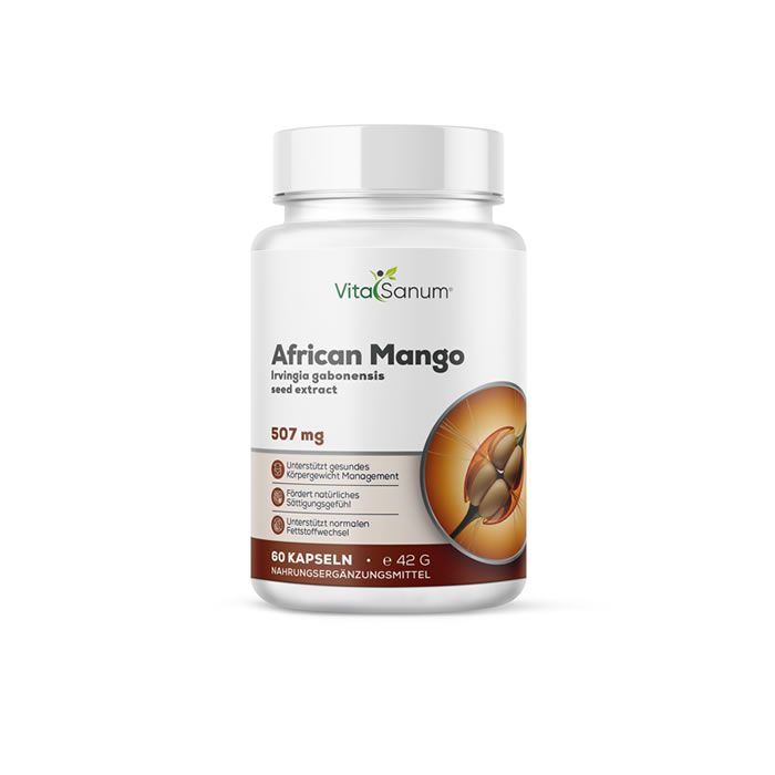 Weiße Flasche mit Kapseln. Aufschrift: VitaSanum, African Mango, 507 mg. Abbildung einer Mango-Samen-Hälfte.