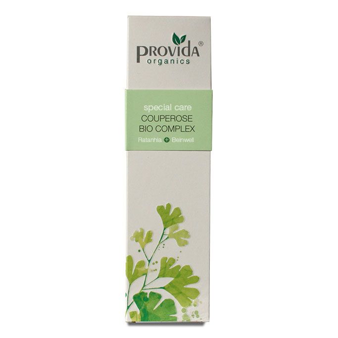 Verpackung von Provida Couperose Bio Complex. Aufschrift: special care, Couperose Bio Complex, Provida organics. Grün-weiße Farbgebung.