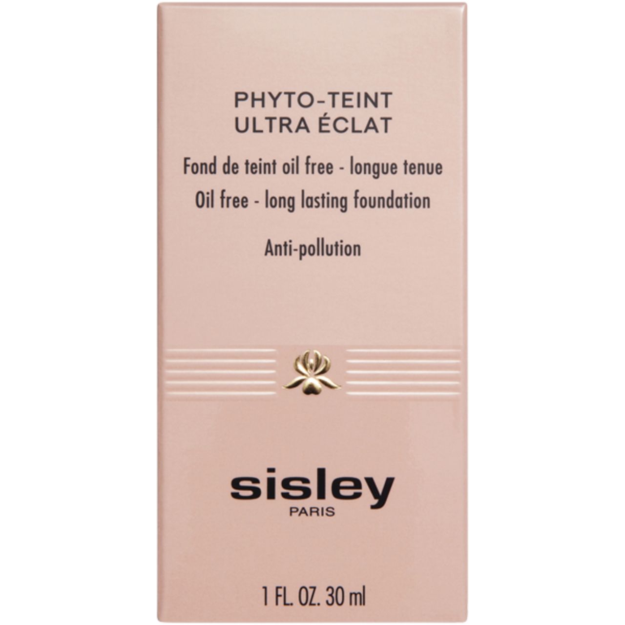 Verpackung von Sisley Phyto-Teint Ultra Eclat. Text: Oil free - long lasting foundation. Marke Sisley. 1 FL. OZ. 30 ml.