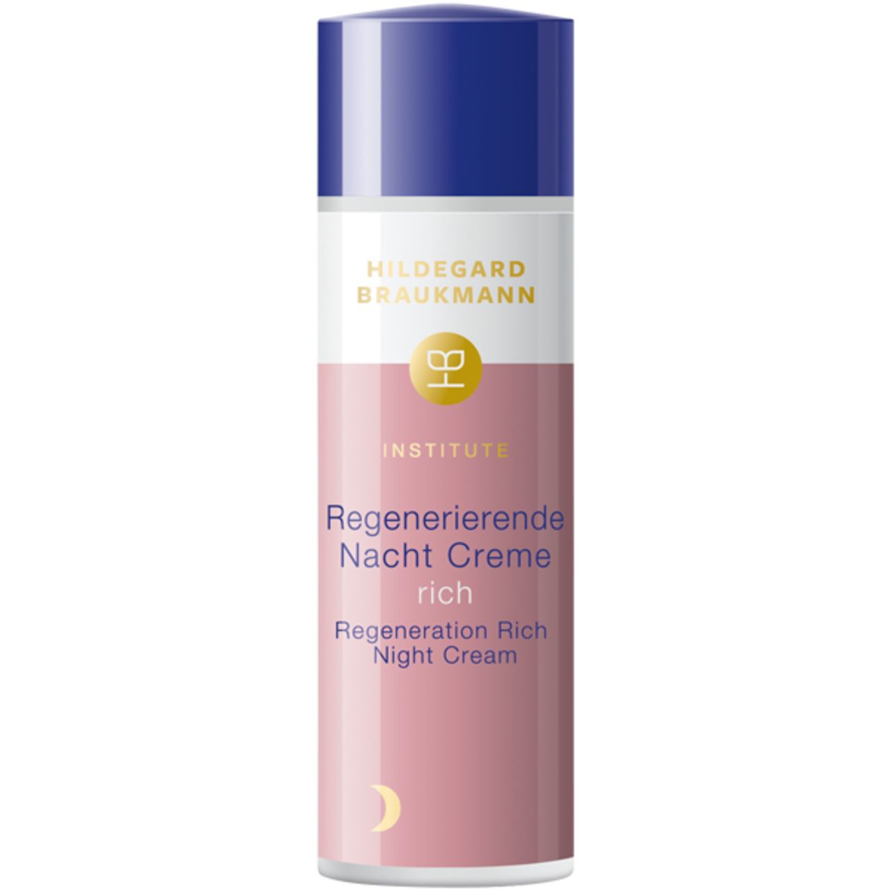 Creme-Spender. Weiß, rosa und blau. Beschriftung: Hildegard Braukmann Institute, Regenerierende Nacht Creme rich.