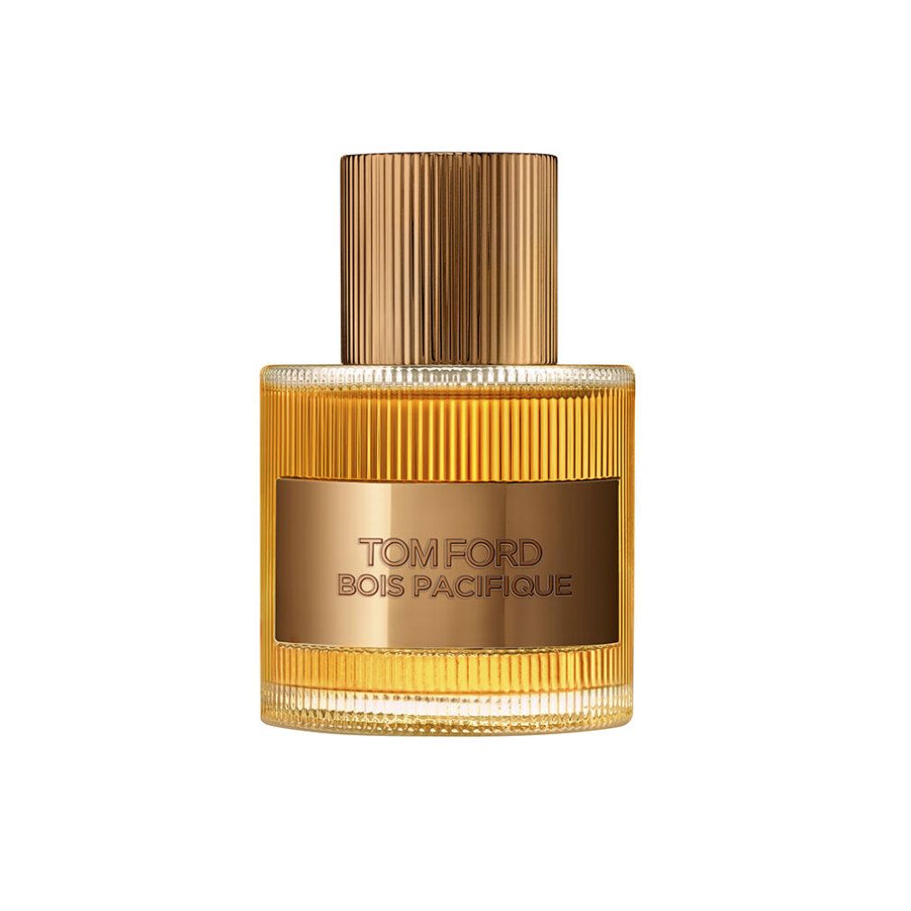 Parfümflakon mit geriffelter Glasstruktur und goldfarbenem Verschluss. Auf dem Etikett steht "TOM FORD BOIS PACIFIQUE".