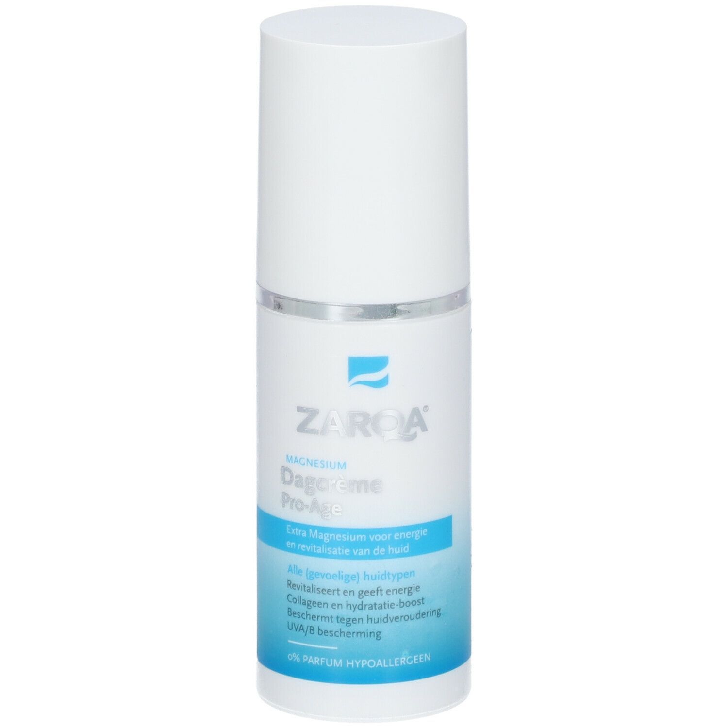 Flacon blanc ZARQA Magnesium Crème de jour Pro-Age. Texte: Magnesium, Pro-Age, ingrédients, certification.