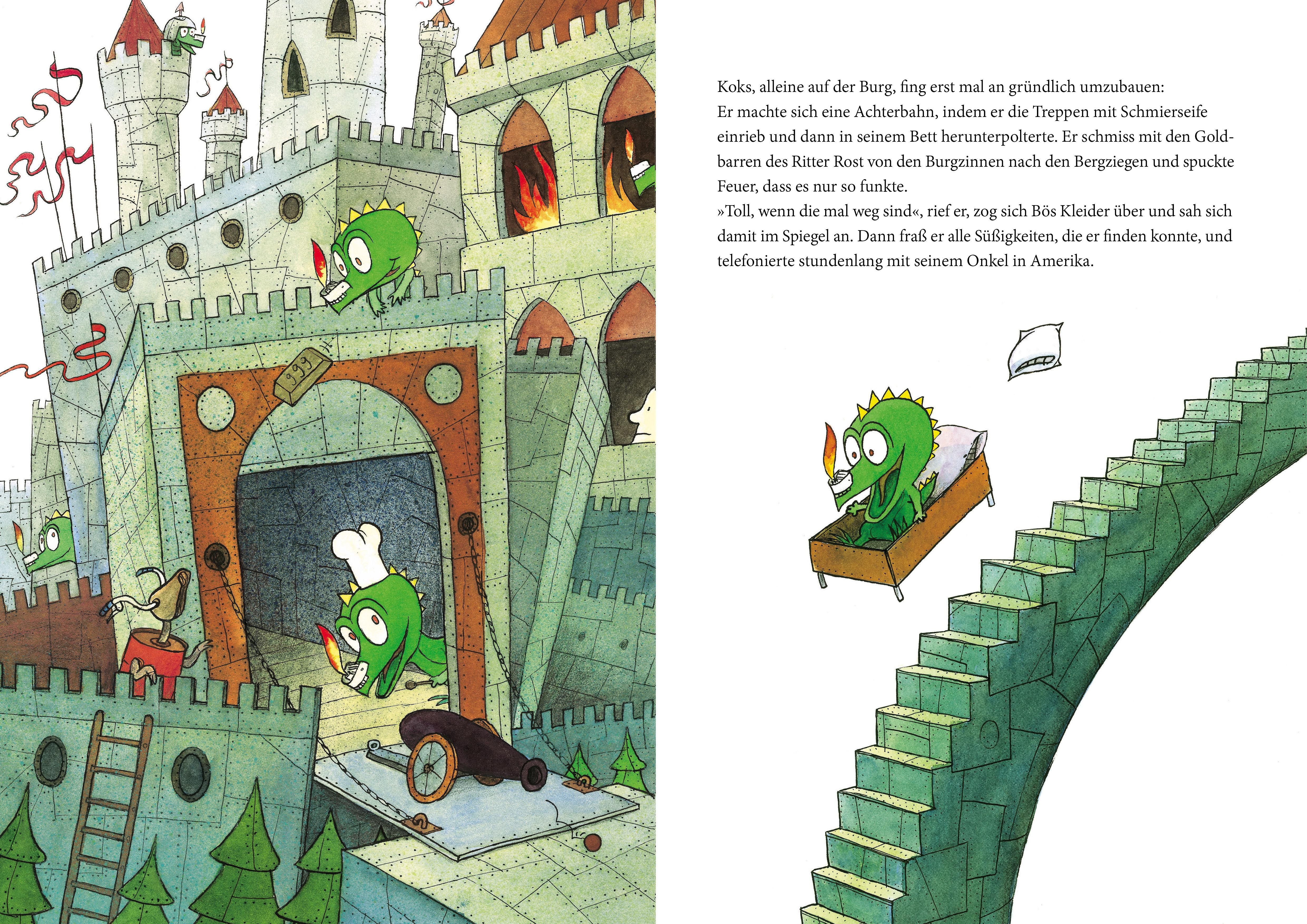 Doppelseite aus einem Buch. Illustrationen mit Burg, Drachen und Figuren. Text in deutscher Sprache.