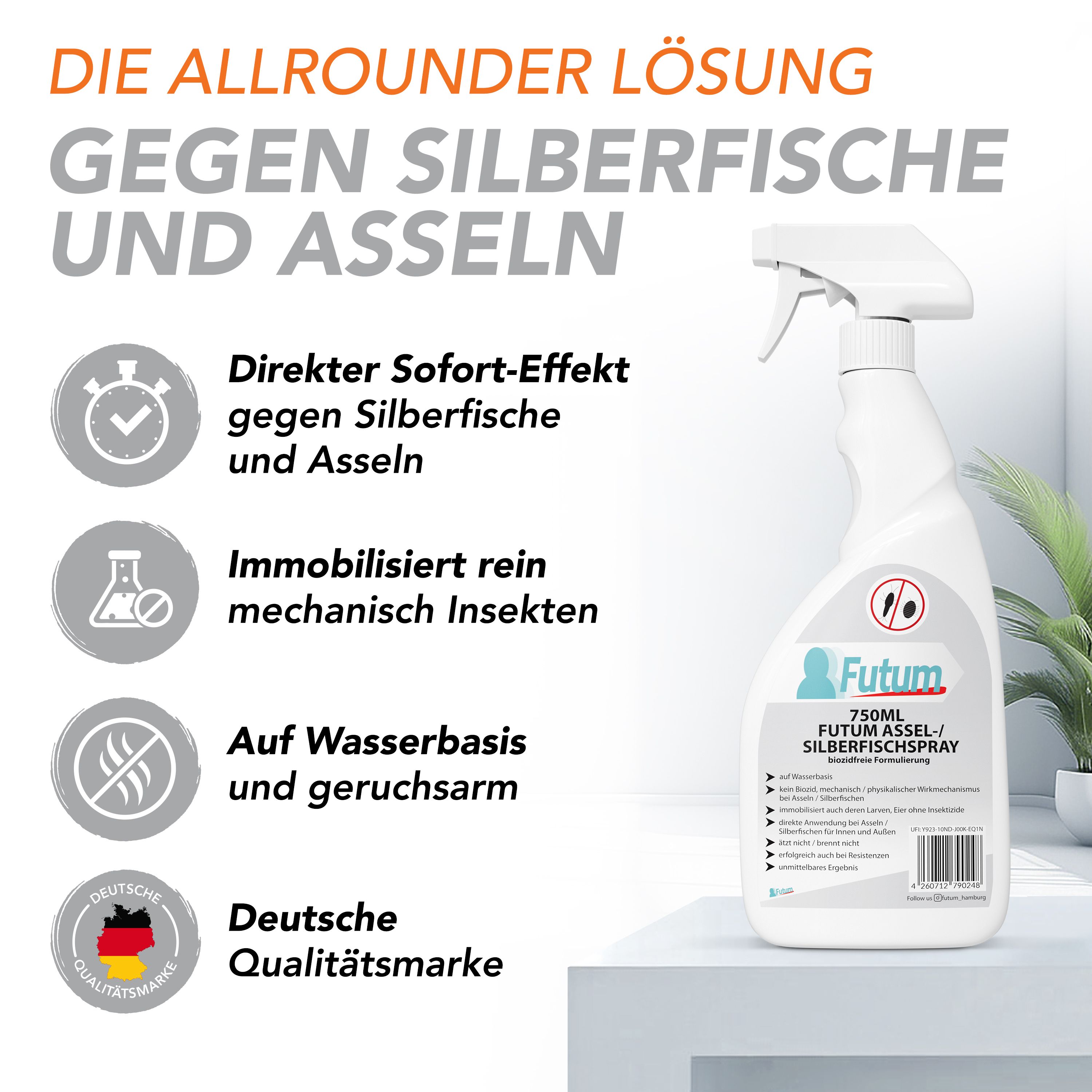 Werbebild mit Produkt und Text. Das Produkt ist eine weiße Sprühflasche. Text: Direkter Sofort-Effekt, immobilisiert Insekten, auf Wasserbasis, deutsche Qualitätsmarke.