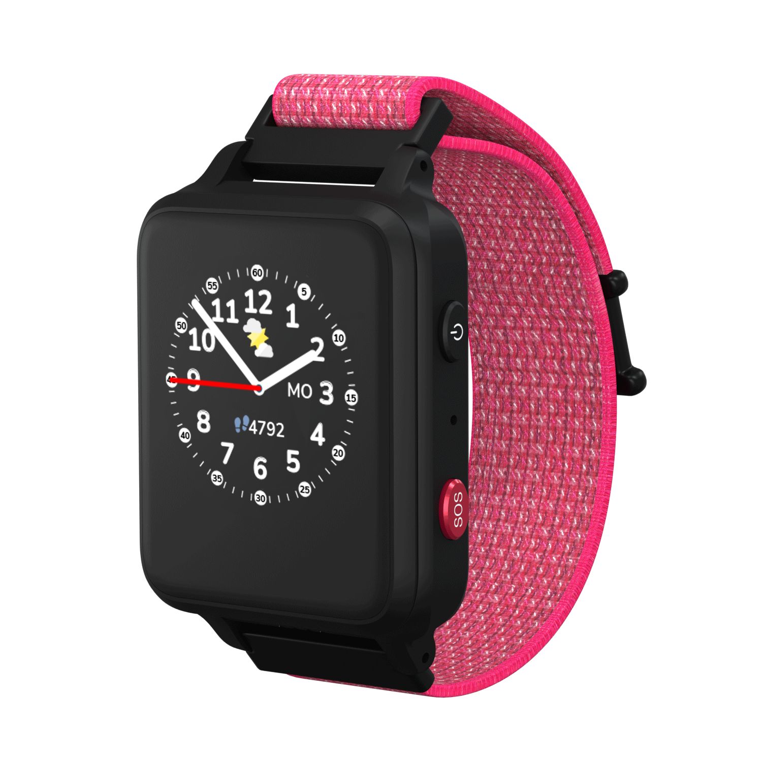 Schwarze Smartwatch mit pinkfarbenem Armband. Zifferblatt mit Zahlen und Zeigern. SOS-Taste rot.