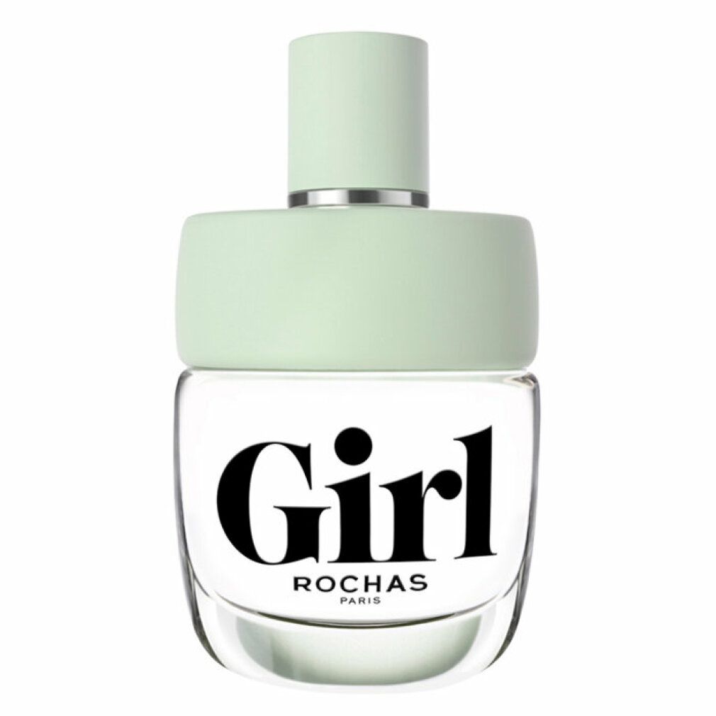 Girl Eau de Toilette Spray von Rochas. Transparenter Flakon mit hellgrünem Verschluss. Schwarzer Schriftzug Girl. Rochas Paris.