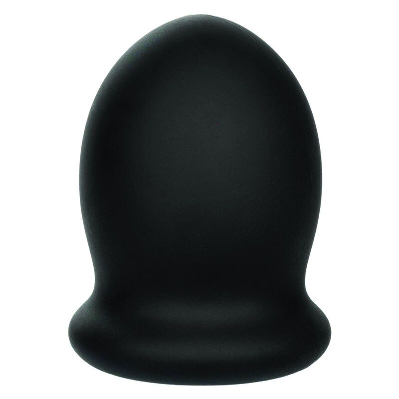 Schwarzes, eiförmiges Produkt mit breitem Sockel. Glatte Oberfläche. Wellness-Produkt.