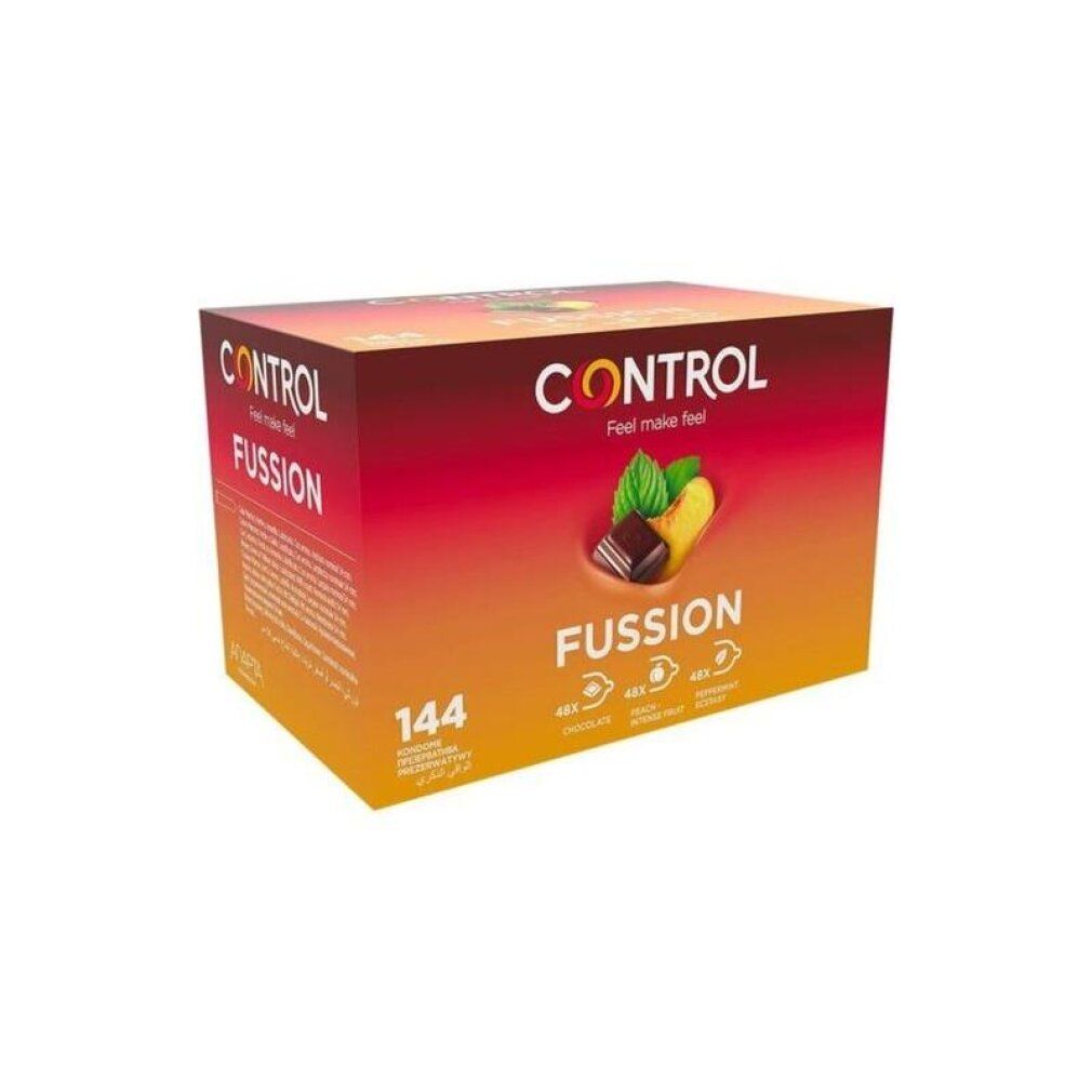 Packung mit 144 Kondomen, Fussion Aroma Mix, mit Schokolade, Pfirsich und Minze.