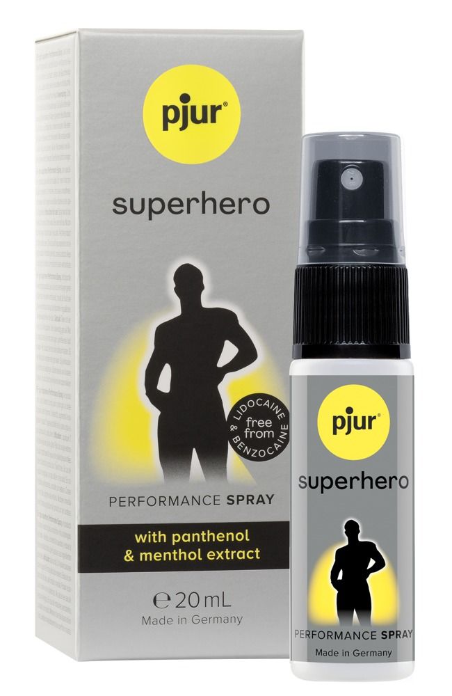 Produktverpackung und Flasche. Flasche: weiß, schwarz, gelb, Text 'pjur superhero spray'. Verpackung: grau, gelb, Text 'superhero'.