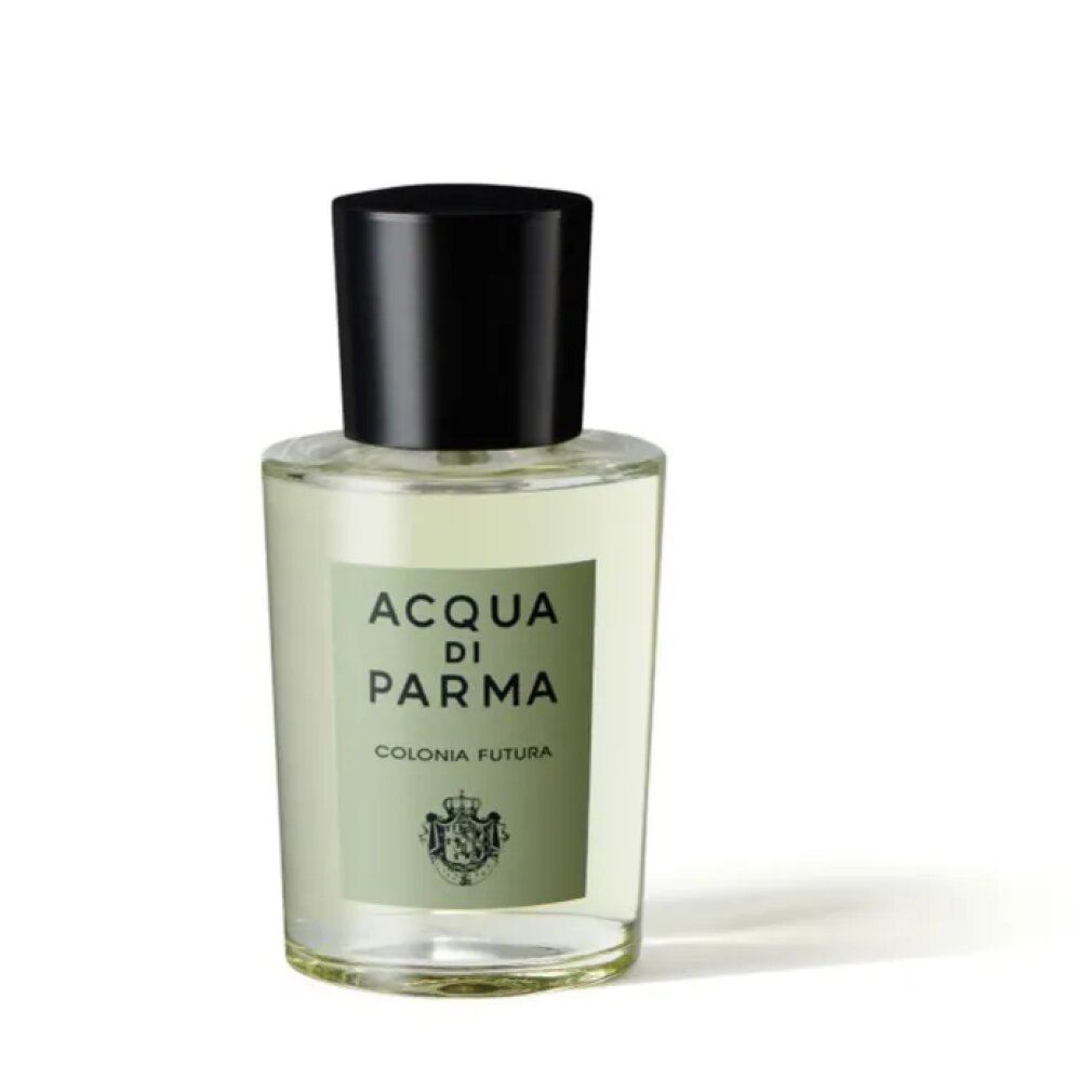 Glasflakon mit schwarzem Deckel. Aufkleber mit Schriftzug ACQUA DI PARMA COLONIA FUTURA und Logo.