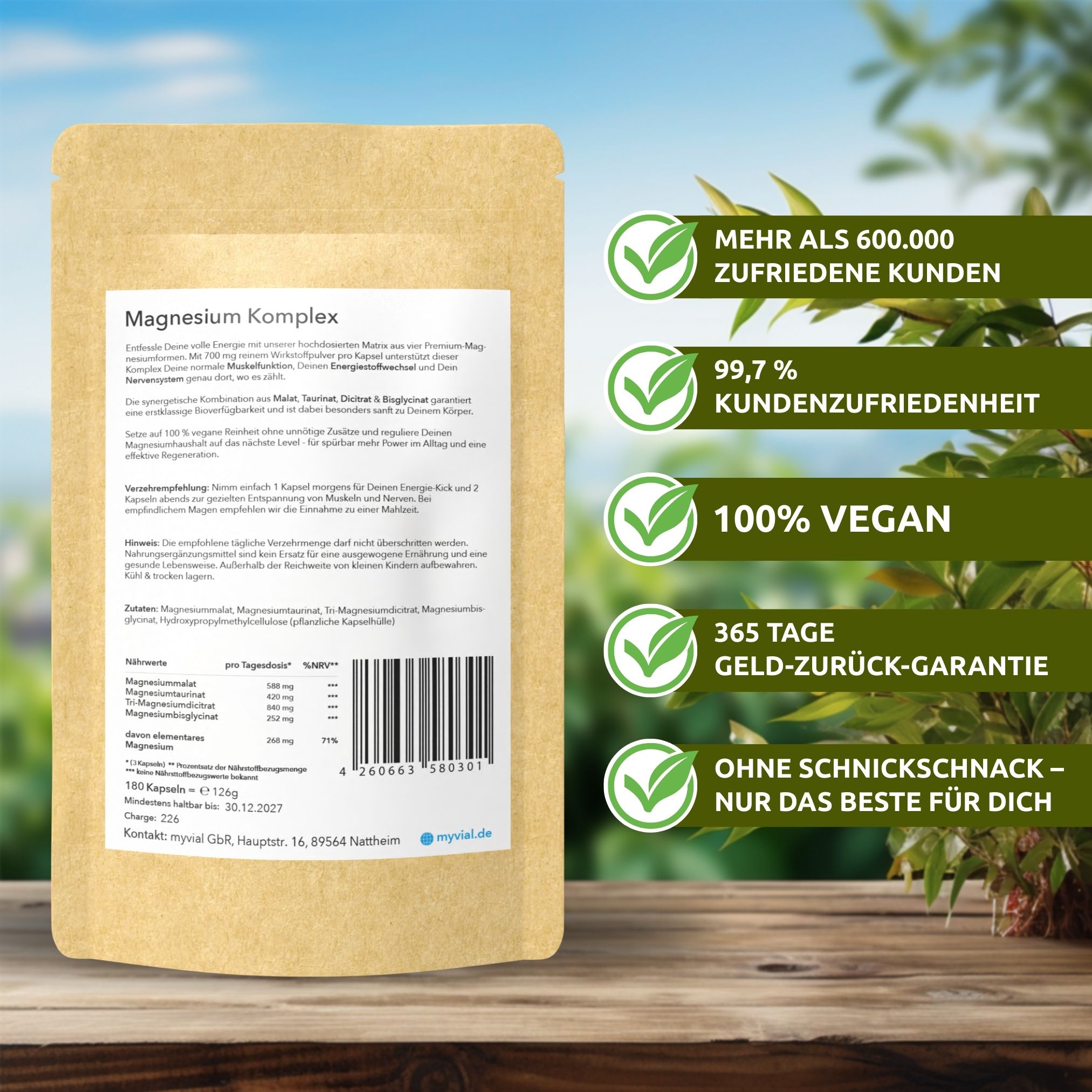 Beige Verpackung mit Produktinformationen. Grün-weiße Logos: Mehr als 600.000 zufriedene Kunden, 99,7% Kundenzufriedenheit, 100% vegan, Geld-zurück-Garantie.