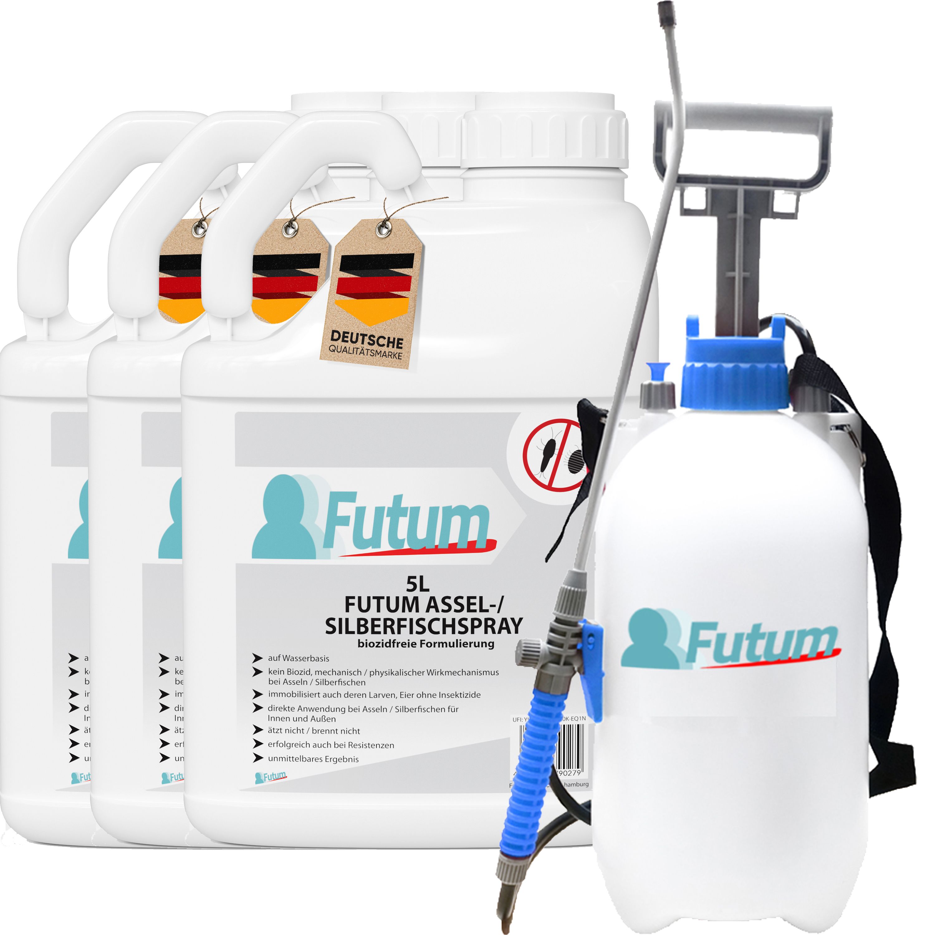 Drei weiße Kanister mit Griffen, Etiketten und deutschem Qualitätssiegel. Ein 5L Sprüher mit blauem Griff und Sprühkopf. Aufschrift: FUTUM 5L Silberfischspray.