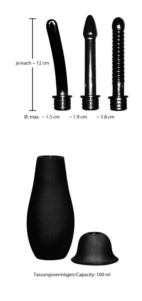 Intimdusche mit drei Aufsätzen. Abmessungen und Kapazität sind angegeben. Schwarze Farbe.