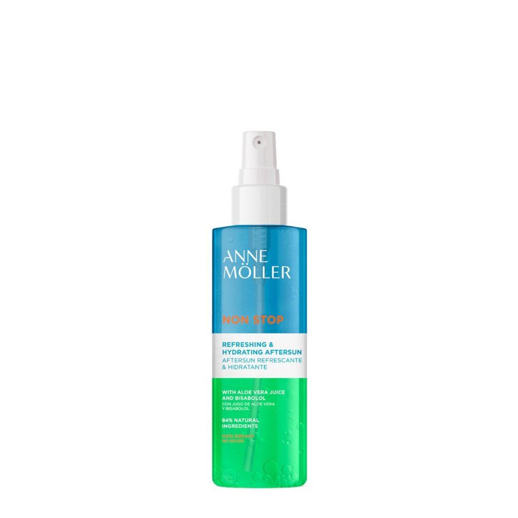 Transparente Sprühflasche mit blau-grüner Flüssigkeit. Aufschrift: ANNE MÖLLER, NON STOP, Aftersun. Enthält Aloe Vera.