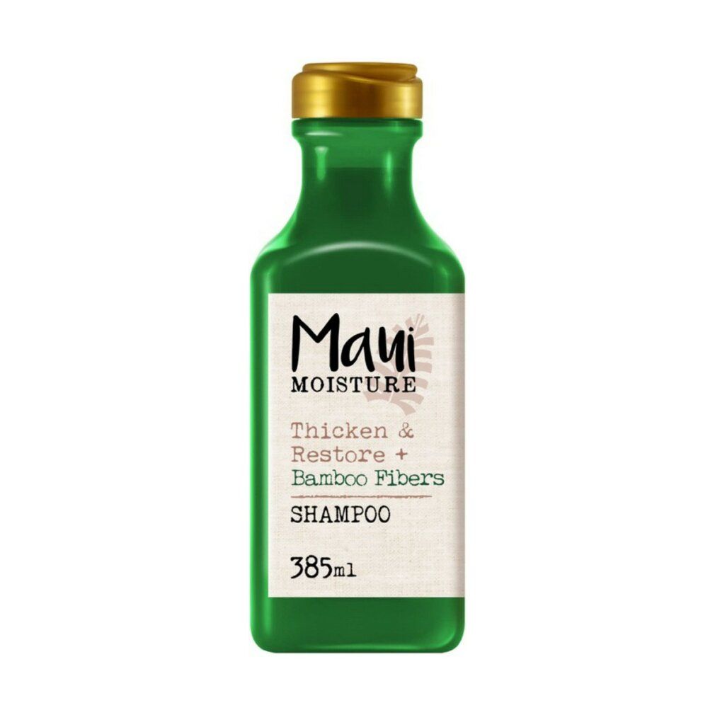 Grüne Shampoo-Flasche mit goldfarbenem Deckel. Etikett mit Produktnamen und Inhaltsstoffen. Volumen: 385 ml.