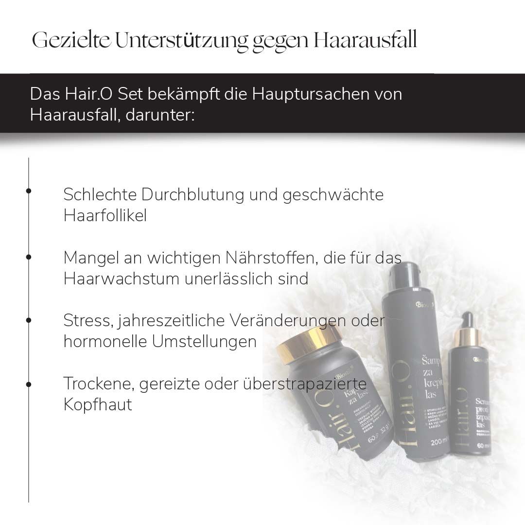 Text: Gezielte Unterstützung gegen Haarausfall. Hair.O Set bekämpft Ursachen. Flaschen und Kapseln.