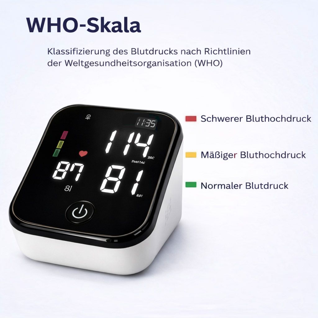 Blutdruckmessgerät mit schwarzem Display. Zeigt Messwerte und Farbskala zur Blutdruckklassifizierung.
