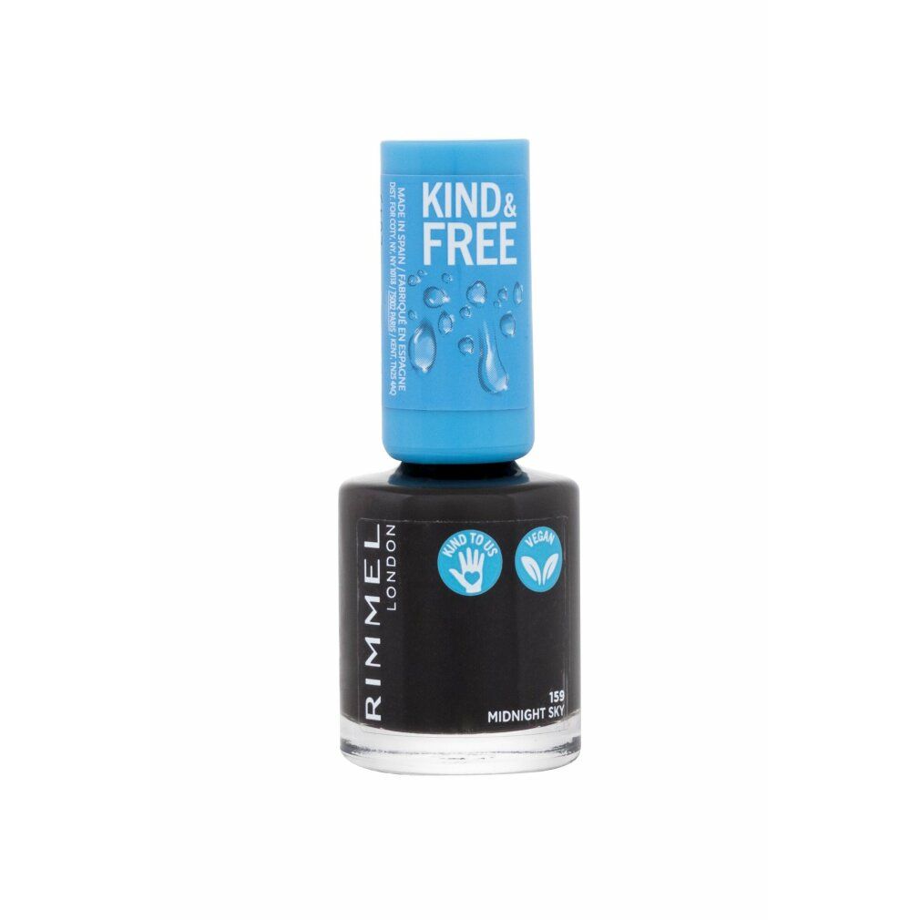 Dunkelblauer Nagellackflakon. Blaue Kappe mit Aufschrift KIND & FREE. Vegan- und Hand-Symbol. Aufschrift: RIMMEL LONDON, 159 Midnight Sky.
