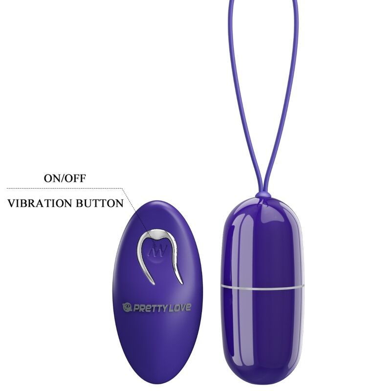 Lila Ei und Fernbedienung. Beschriftung: ON/OFF, Vibration Button. Logo Pretty Love.
