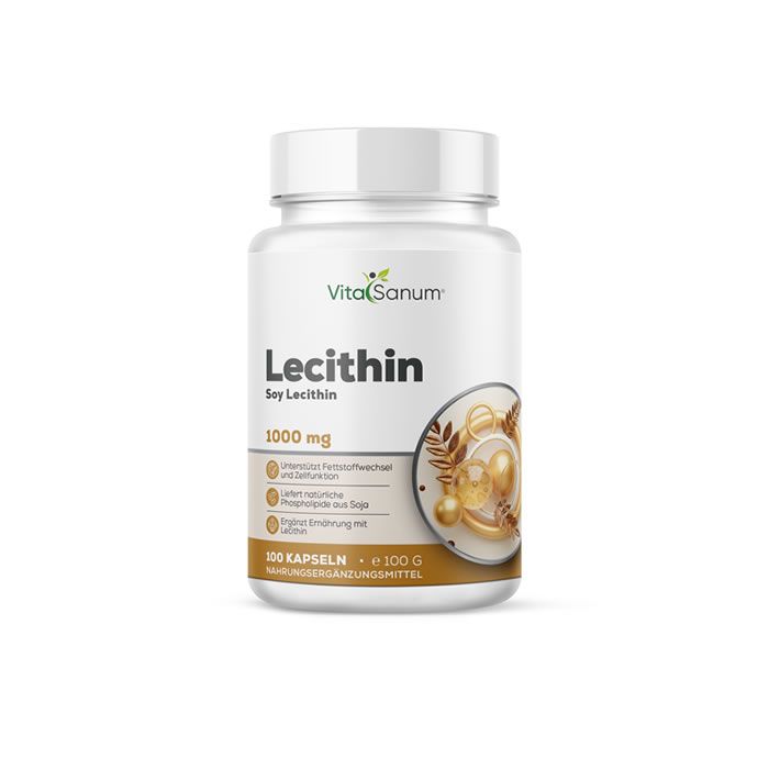Weiße Flasche mit VitaSanum Lecithin-Kapseln. Aufschrift: Lecithin, 1000 mg, 100 Kapseln. Braunes Etikett mit Produktinformationen.