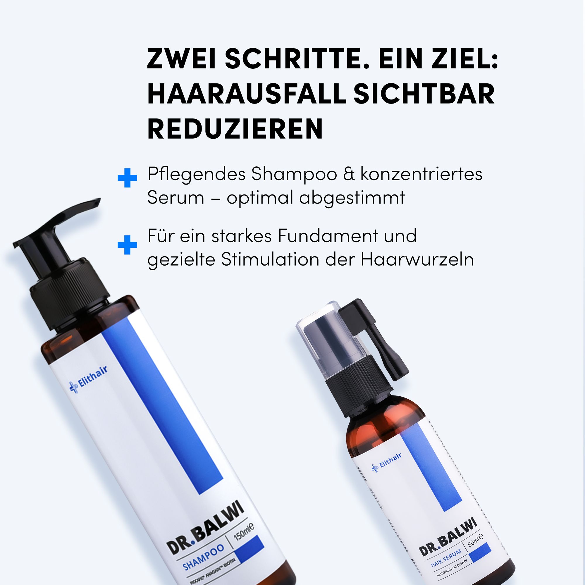 Zwei Flaschen, Shampoo und Serum, auf blauem Hintergrund. Text: Zwei Schritte. Ein Ziel: Haarausfall sichtbar reduzieren.