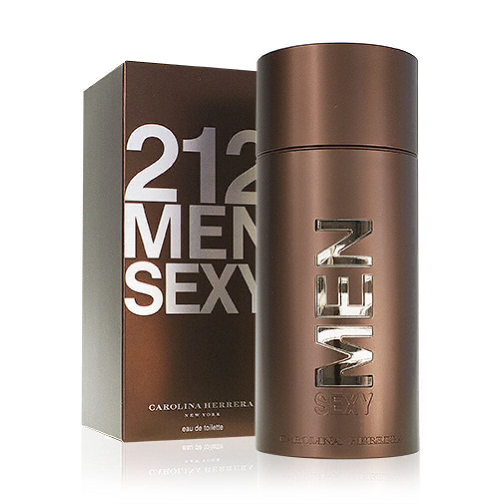 Flacone e scatola marroni. Sulla scatola: 212 MEN SEXY. Sul flacone: MEN SEXY. CAROLINA HERRERA. Eau de toilette. Flacone cilindrico marrone.