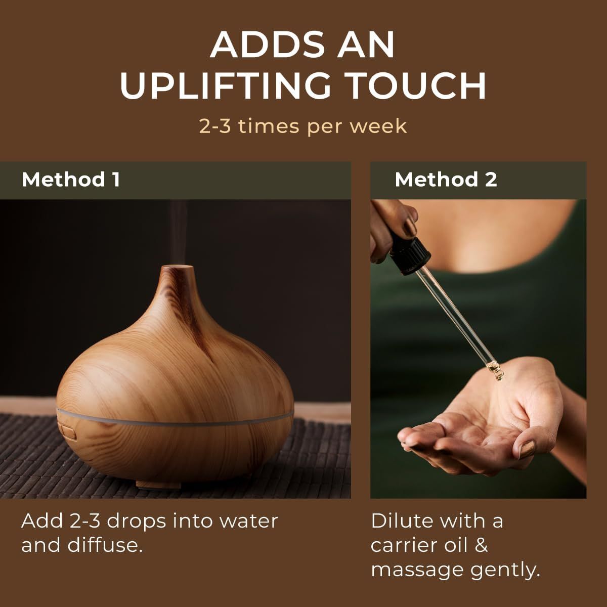 Holzfarbener Diffusor und Tropfen auf Hand. Text: 2-3 mal pro Woche, Methode 1, Methode 2.