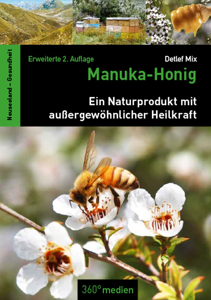 Buchcover mit Titel "Manuka-Honig". Autor Detlef Mix. Bild einer Biene auf Blüte. Text in Grün und Schwarz.