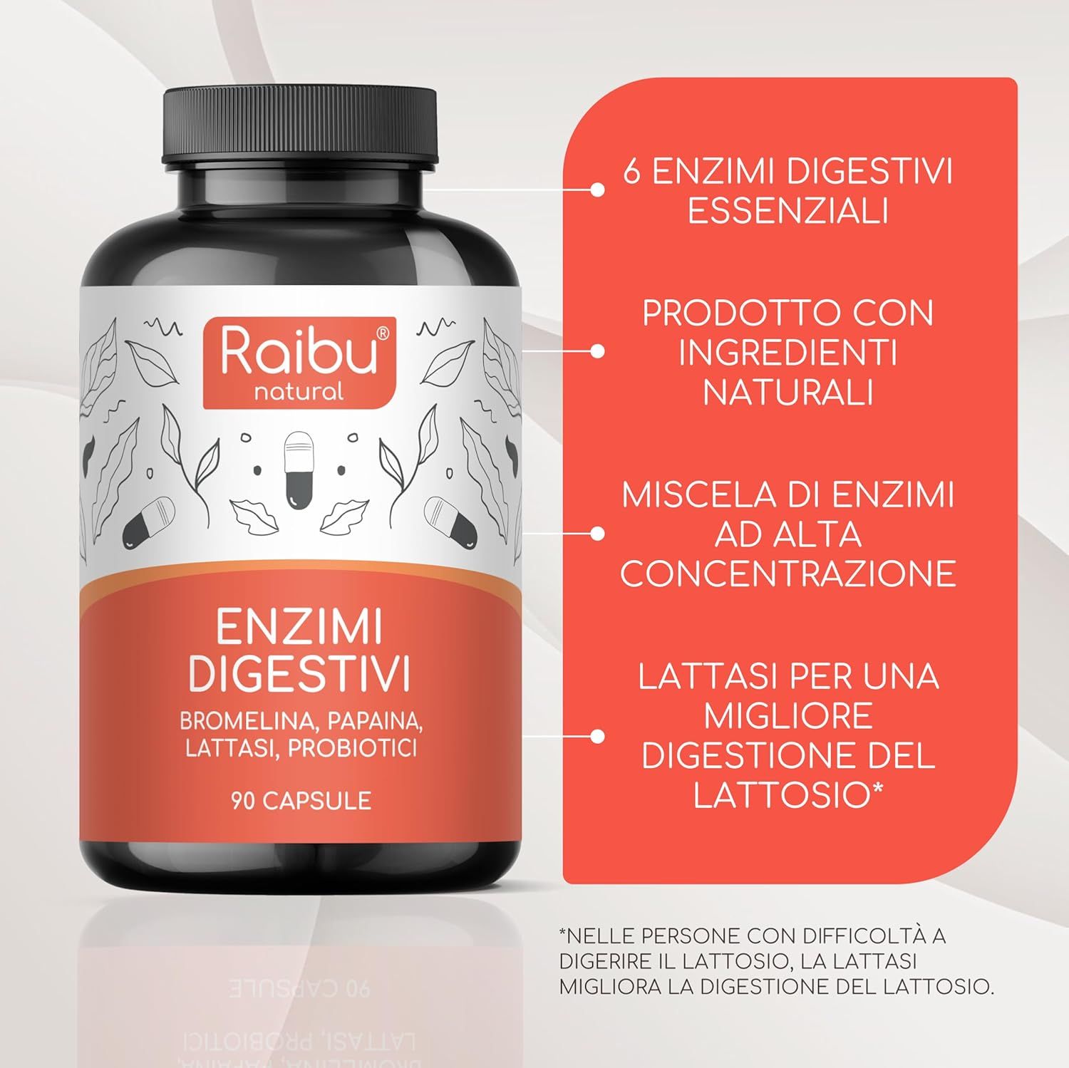 Flacone con capsule. Testo: ENZIMI DIGESTIVI, 90 capsule. Marchio: Raibu natural.