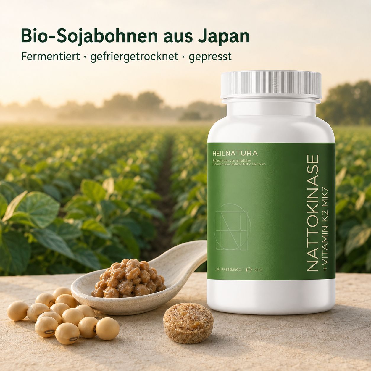Dose Nattokinase + Vitamin K2 MK7 vor einem Feld mit Sojabohnenpflanzen.
