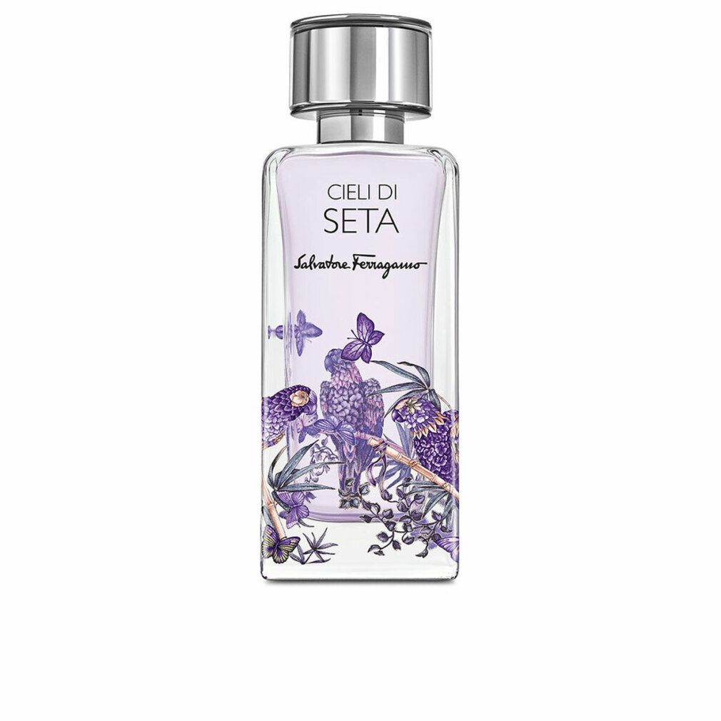 Salvatore Ferragamo Cieli di Seta EdP Nat. Spray. Rechteckiger Flakon mit silbernem Verschluss. Aufdruck mit lila Vögeln und Schmetterlingen.