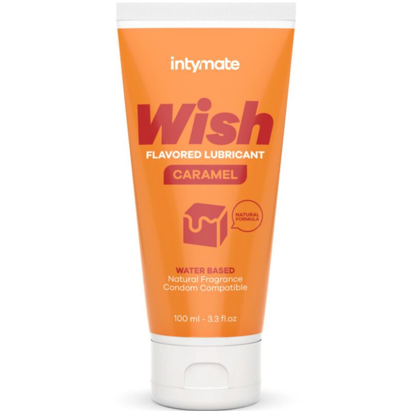 Tube mit Produktbezeichnung "Wish Caramel". Orangefarben, mit weißem Deckel. Text: "Flavored Lubricant", "Natural Formula".