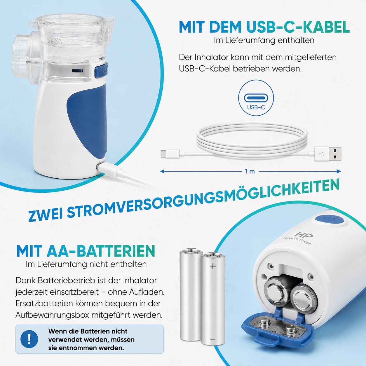 Weißes Inhalationsgerät mit blauem Akzent. USB-C-Kabel und Batterien daneben. Text: Health Press, USB-C, AA-Batterien.