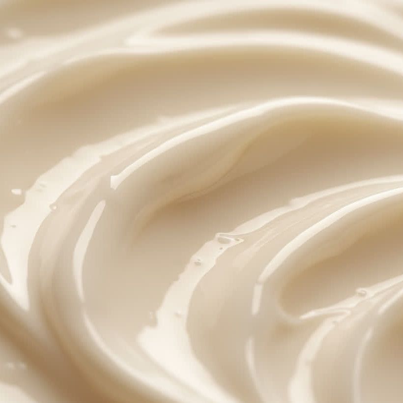 Nahaufnahme von cremiger, beiger Creme. Wellenförmige Textur mit glänzenden Reflexen.