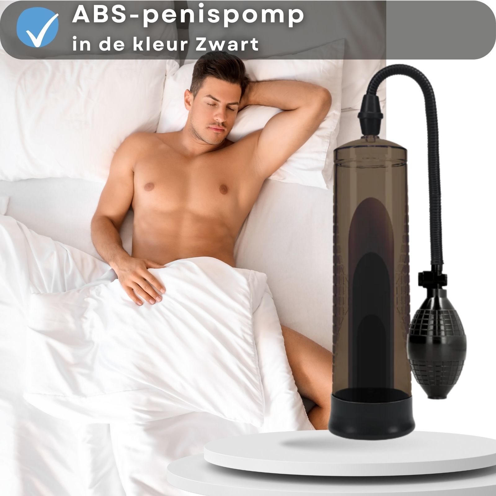 Afbeelding met tekst: ABS-penispomp, zwart, druk via pompbal, tot 20 cm, erectiehulp.